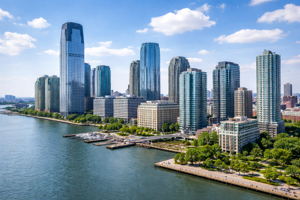 Jersey City skyline showing neighborhoods served by local house cleaning services