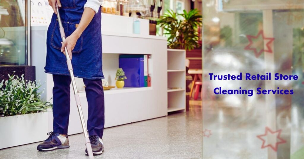 Cleaning staff mopping the floor inside a retail store.