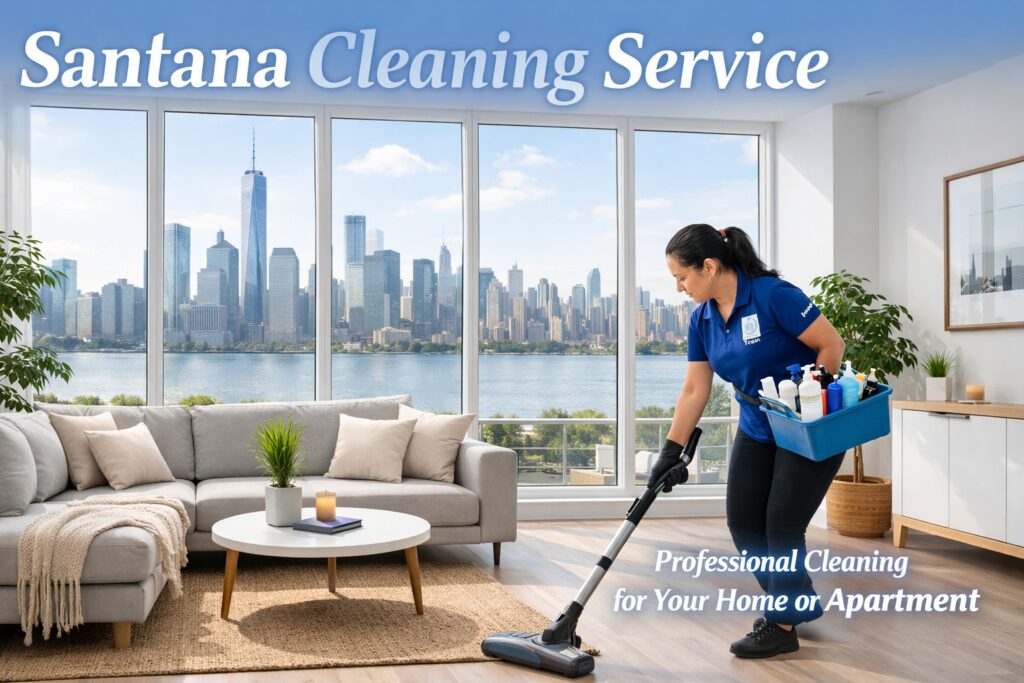 Santana Cleaning Service worker cleaning a modern apartment living room