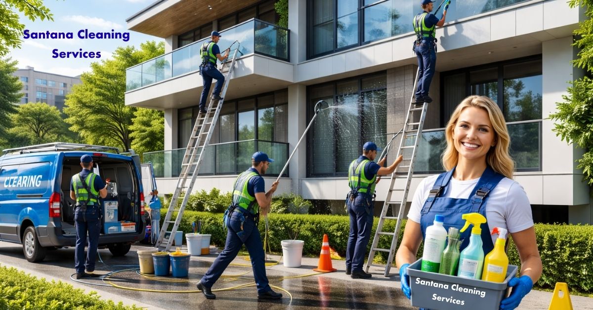 Professional cleaning service team with supplies outside an apartment building